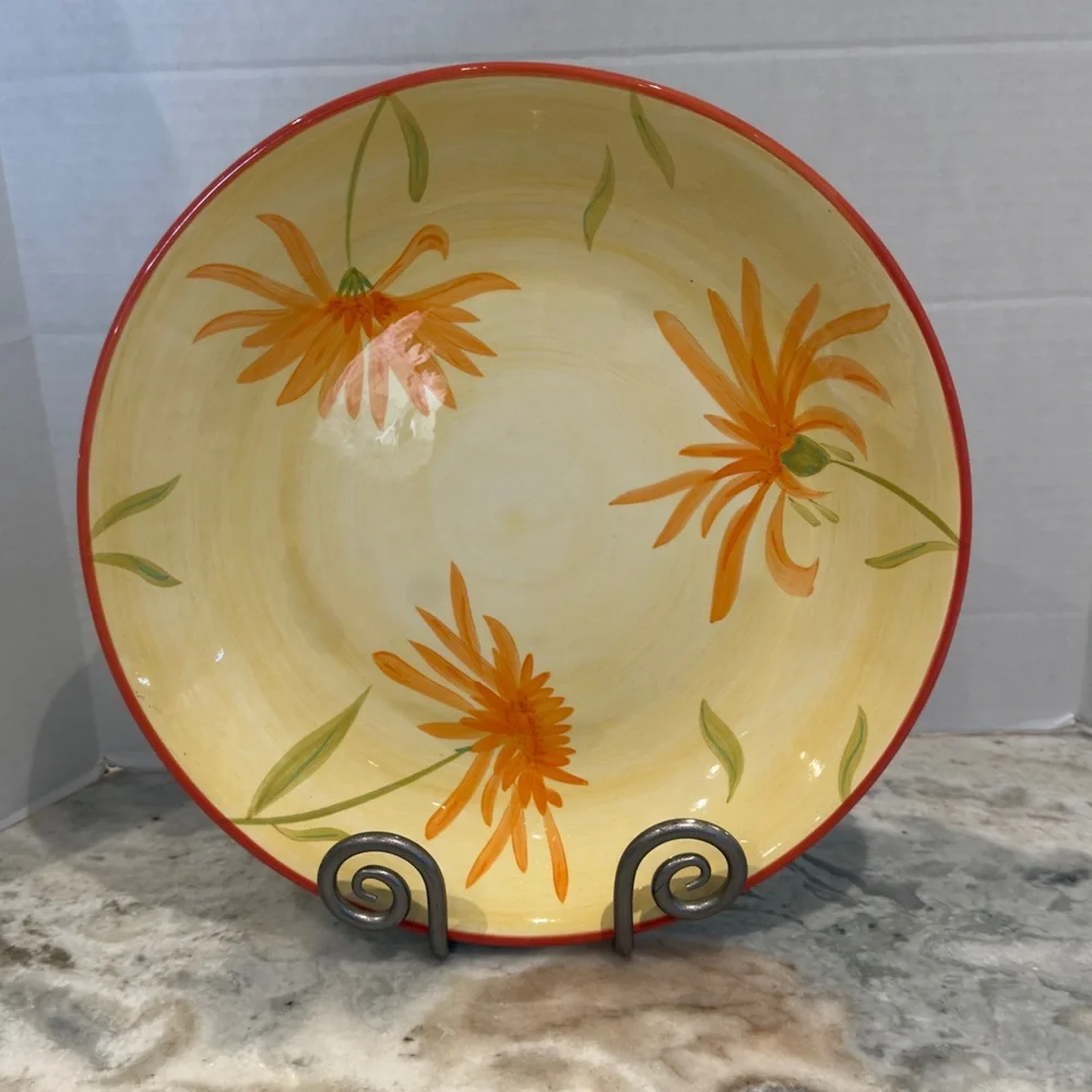 Crate & Barrel Yellow Gold Floral 14” Serving Bowl Platter Display Bowl